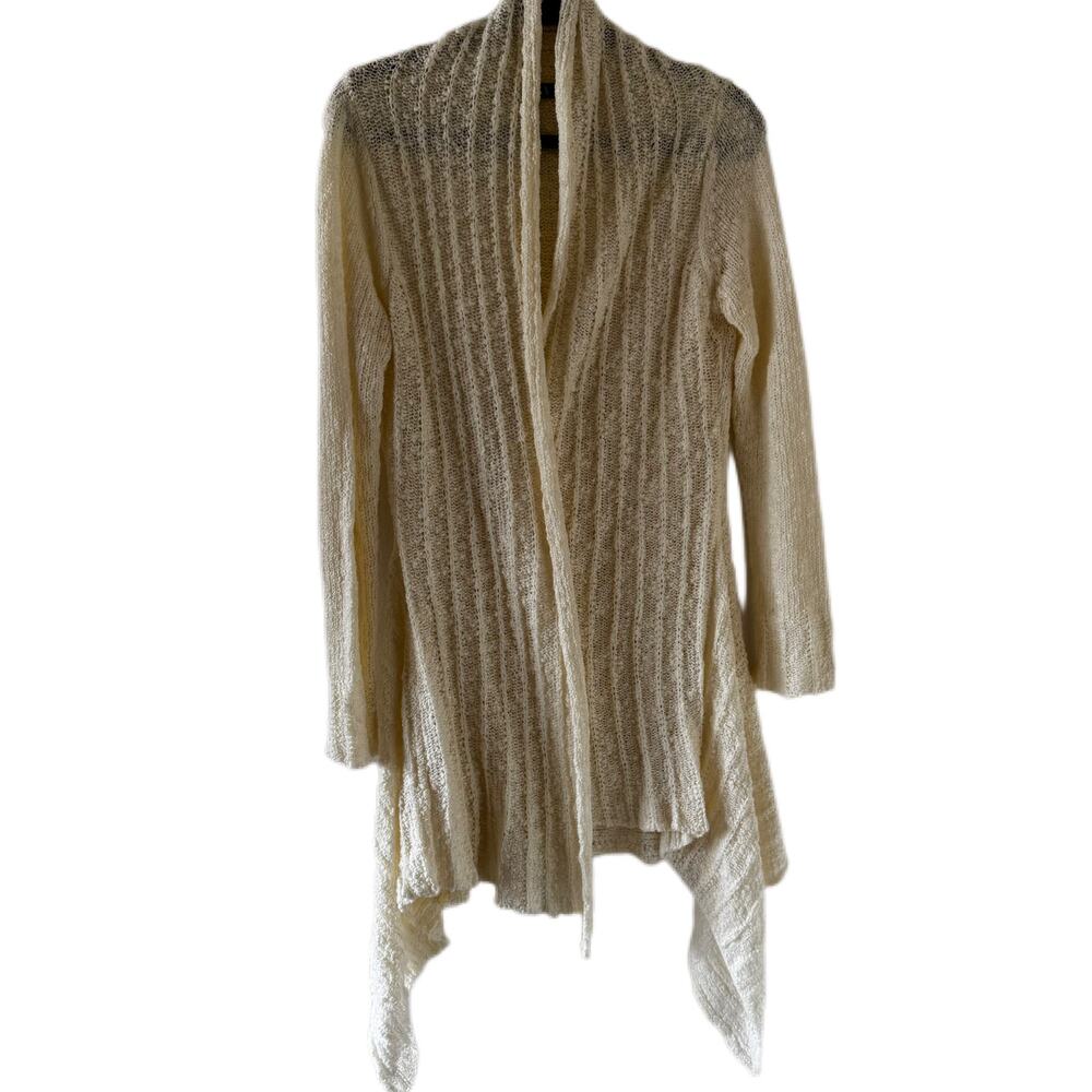 SAGA Waterfall Draped Asymmetrical Duster Cardigan Boho Neutral Medium Lagenlook